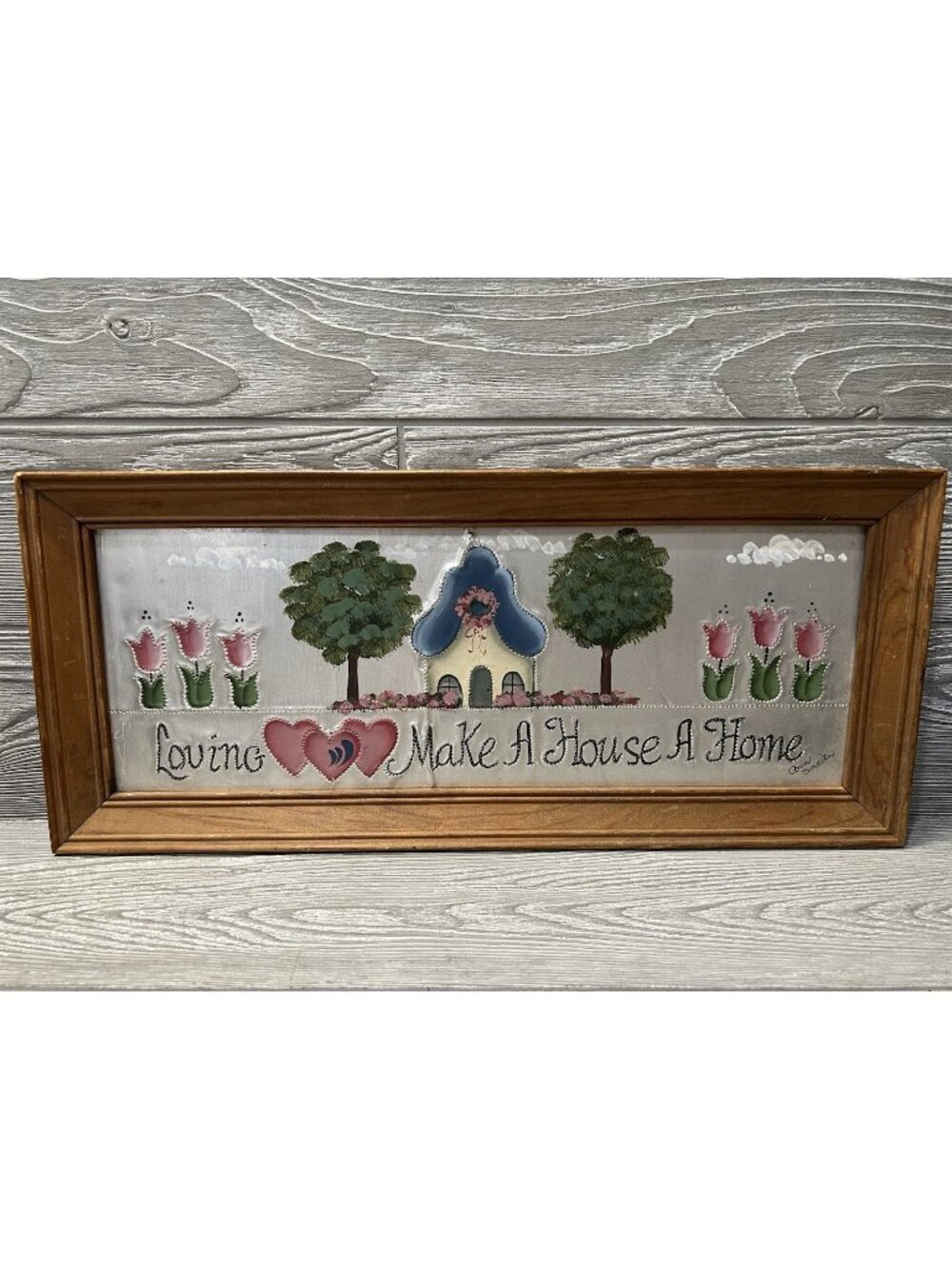 Vintage Country Punched Tin Picture Loving Hearts Make a House a Home Wood Frame